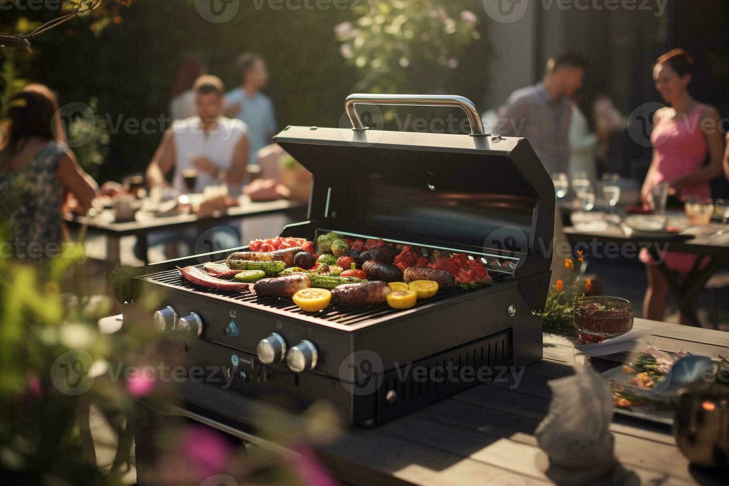 Assorted delicious grilled meat on barbecue grill. Family and friends having a barbecue party with fun. Dinner party and weekend activity concept. Generative AI. photo