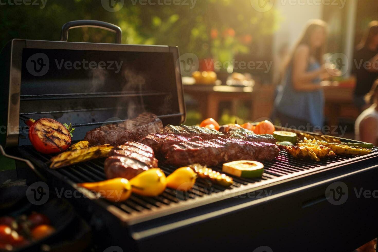 Assorted delicious grilled meat on barbecue grill. Family and friends having a barbecue party with fun. Dinner party and weekend activity concept. Generative AI. photo