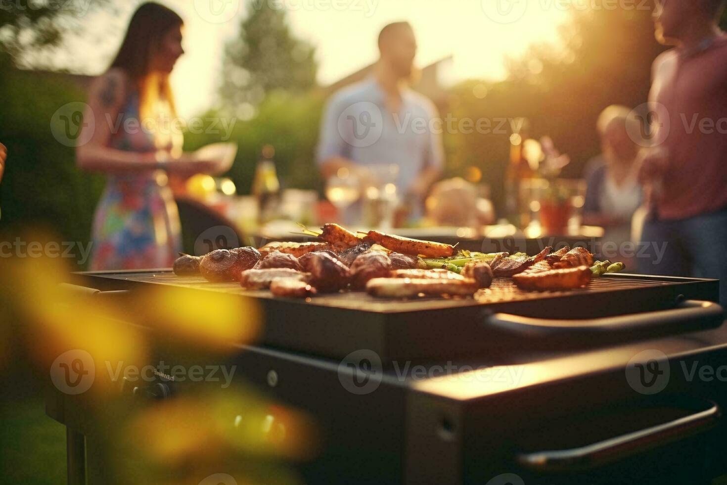 Assorted delicious grilled meat on barbecue grill. Family and friends having a barbecue party with fun. Dinner party and weekend activity concept. Generative AI. photo