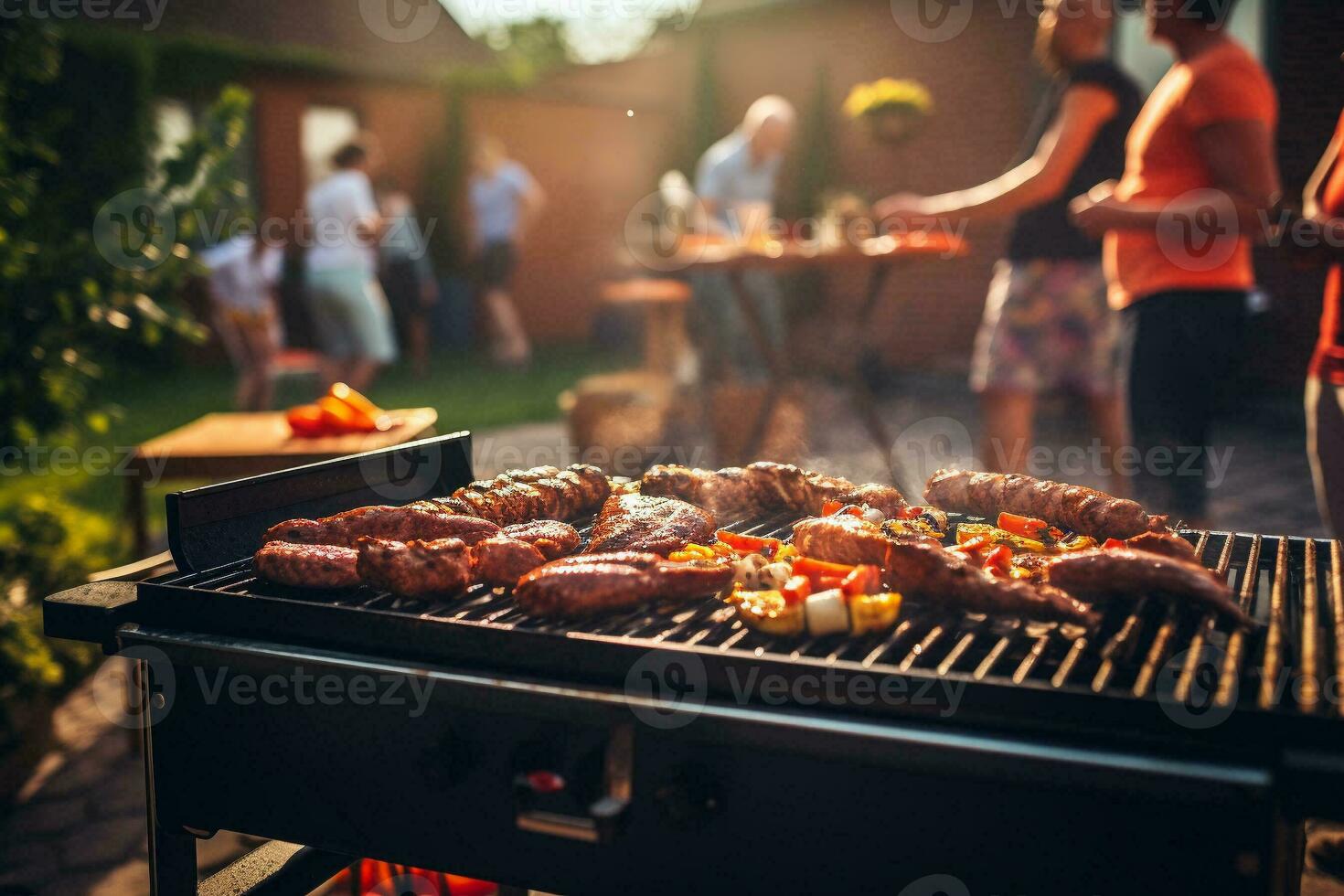 Assorted delicious grilled meat on barbecue grill. Family and friends having a barbecue party with fun. Dinner party and weekend activity concept. Generative AI. photo