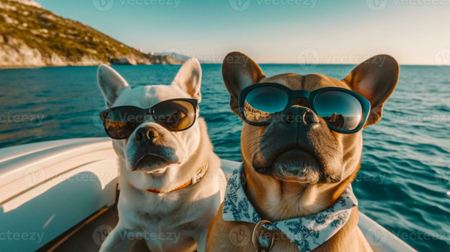 gracioso perros vistiendo Gafas de sol son tomando selfies en un yate en el mar. generativo ai. foto