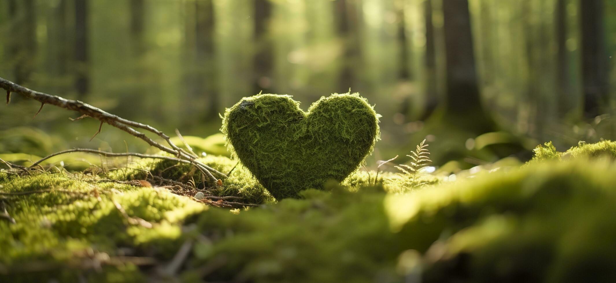 Closeup of wooden heart on moss. Natural burial grave in the woods. Generative AI photo