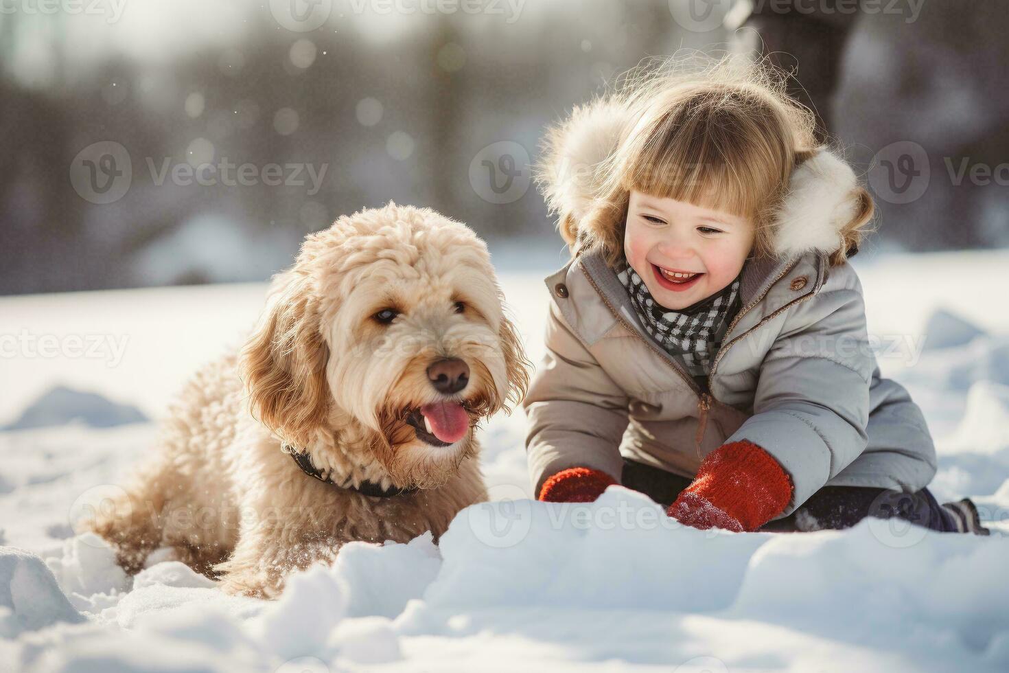 Cute little girl playing with her dog in the snow on winter day. Kid laughing and having fun while playing with pet outdoors. Generative AI. photo