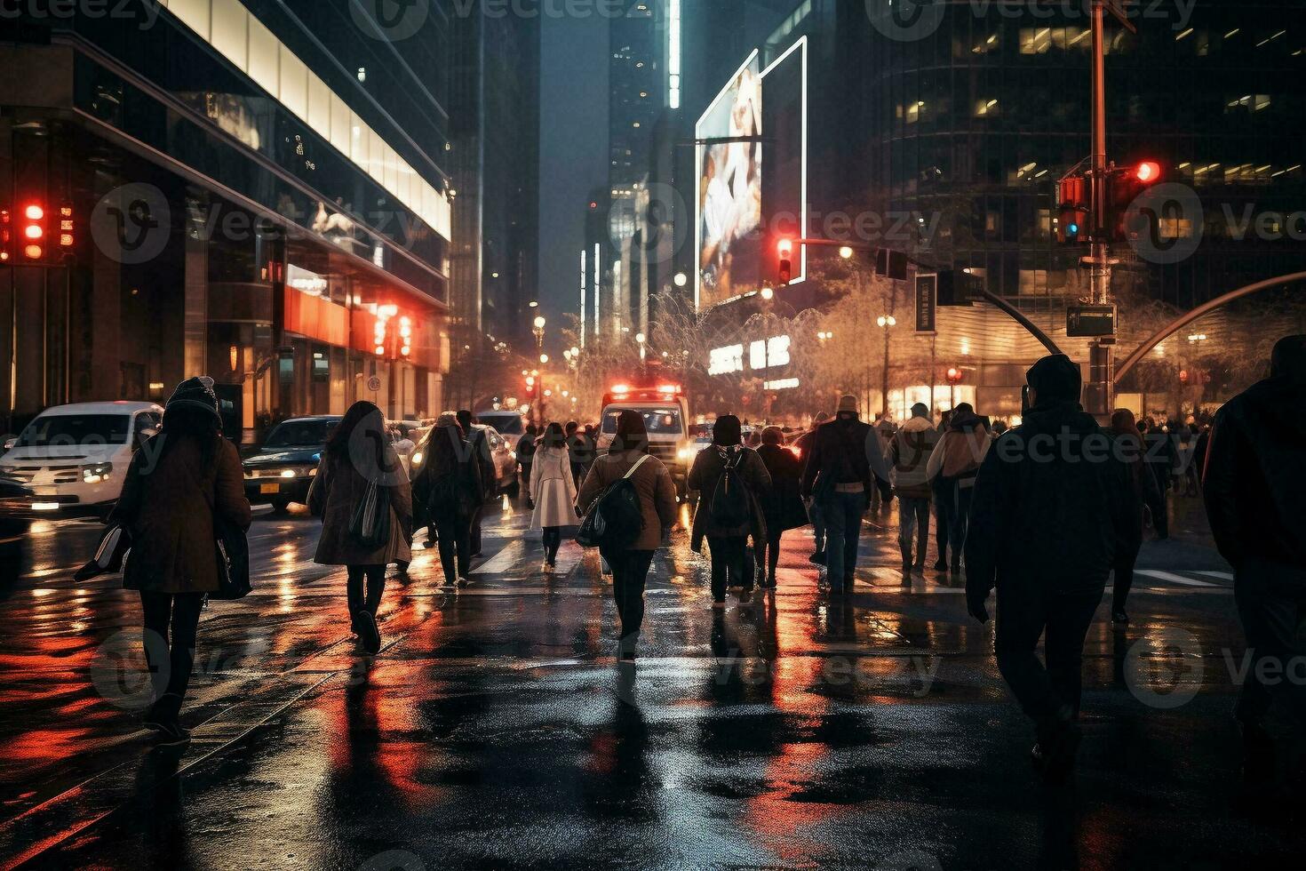 Crowd of people walking on city street in night time. City life with busy people and transportation. Generative AI. photo