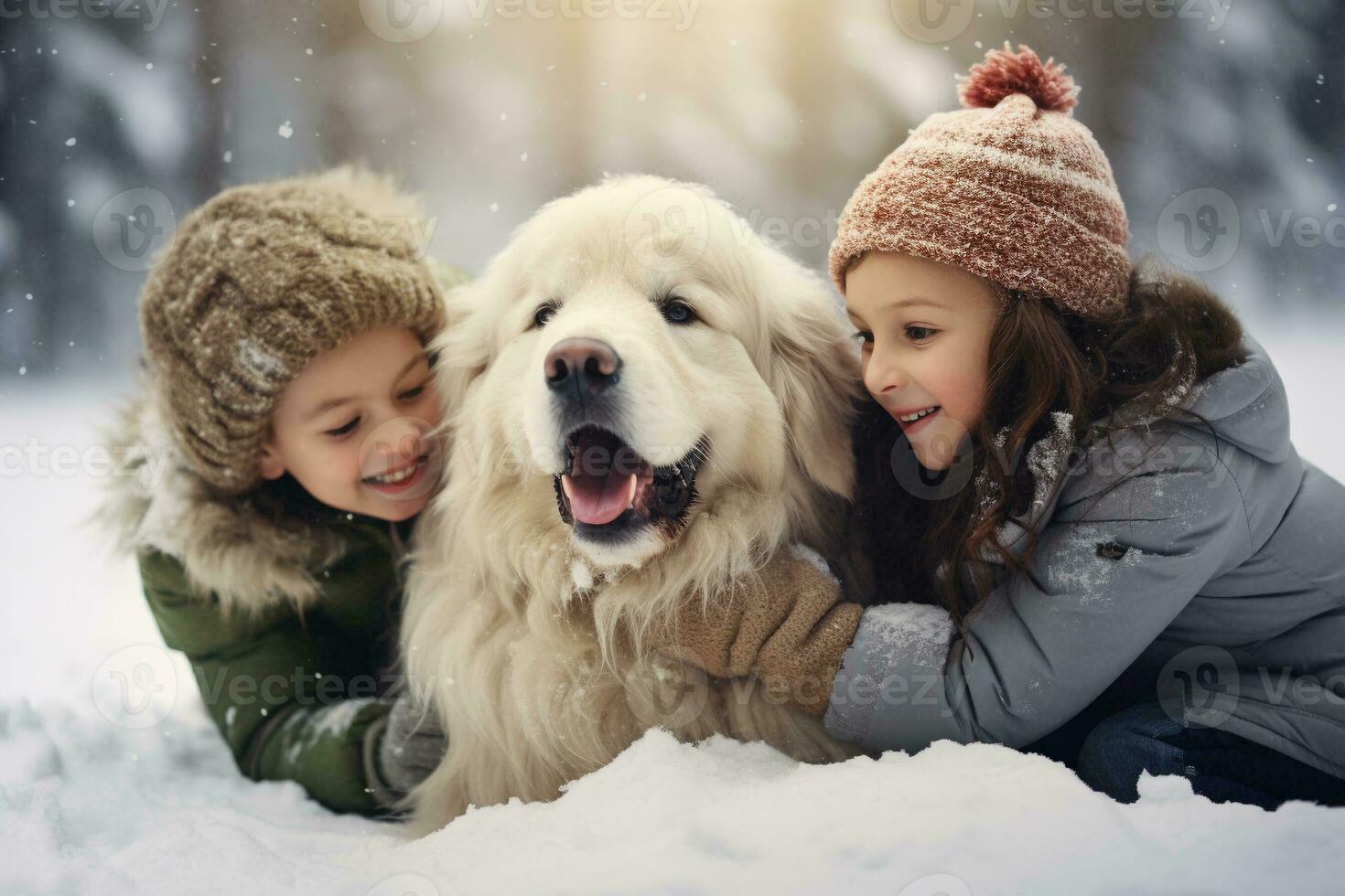Children playing with their dog in the snow on winter day. Kids laughing and having fun while playing with pet outdoors. Generative AI. photo