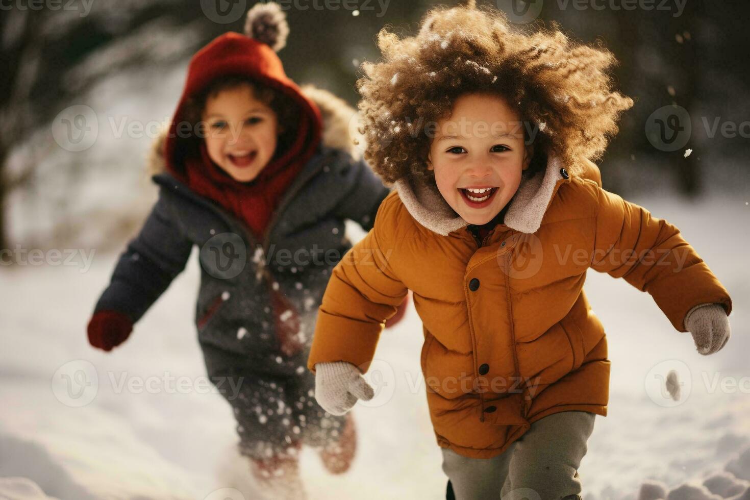 Children playing in the snow on winter day. Kids laughing and having fun while playing outdoors with snow. Generative AI. photo