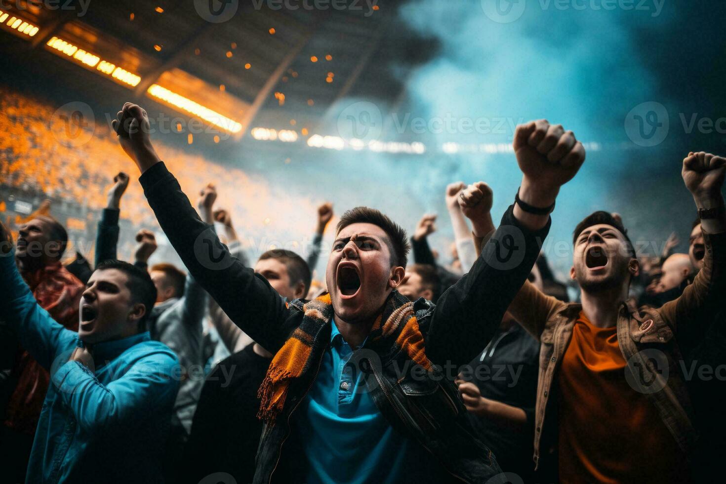 Excited sport fans celebrating and cheering their team in stadium. Football fans watching football match. Sport, human emotions, entertainment concept. Generative AI. photo
