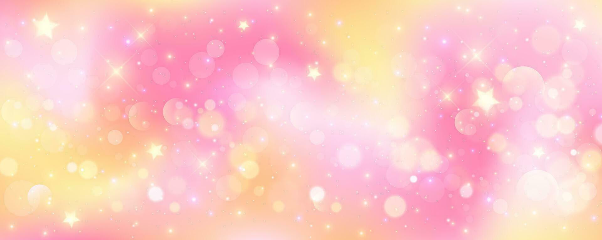 Pink gradient background. Orange and yellow mesh pastel backdrop. Peach warm blurry sky with stars and bokeh. Liquid fluid texture vector