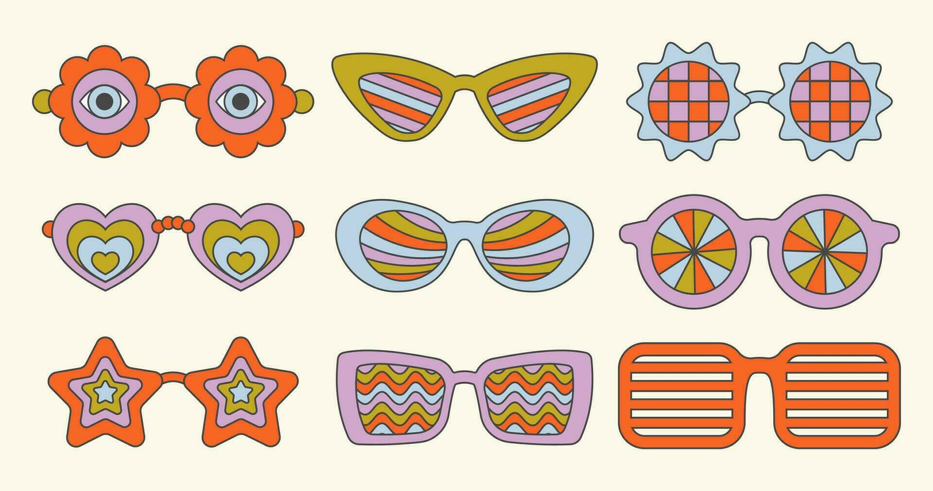 Groovy vector sunglasses. Retro hippy eyewear. Heart star and flower-shaped glasses. 70s funky design. Set of summer outfit