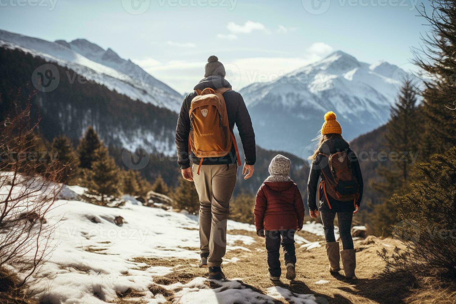 Adventure family, Father, mother and kid hiking on winter high peak mountains cover with snow. View from the back. Family activity enjoying to travel together. Generative AI. photo