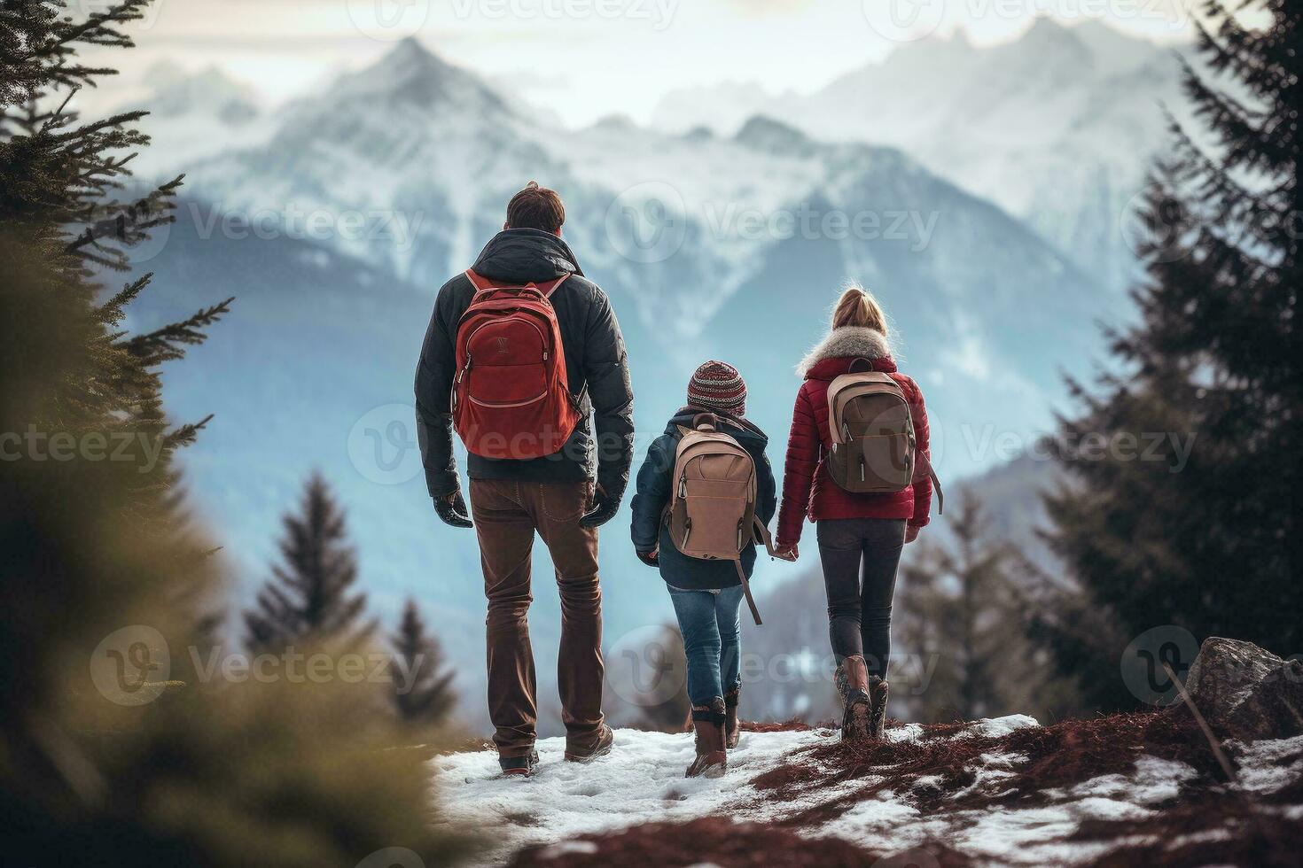 Adventure family, Father, mother and kid hiking on winter high peak mountains cover with snow. View from the back. Family activity enjoying to travel together. Generative AI. photo