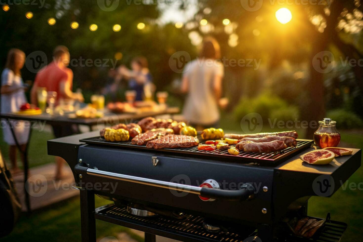 Assorted delicious grilled meat on barbecue grill. Family and friends having a barbecue party with fun. Dinner party and weekend activity concept. Generative AI. photo