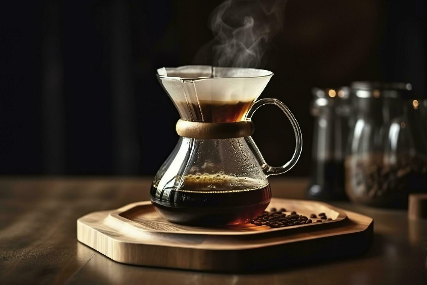 An alternative coffee brewing method is pure over, a glass teapot on a wooden tray. Generative AI photo