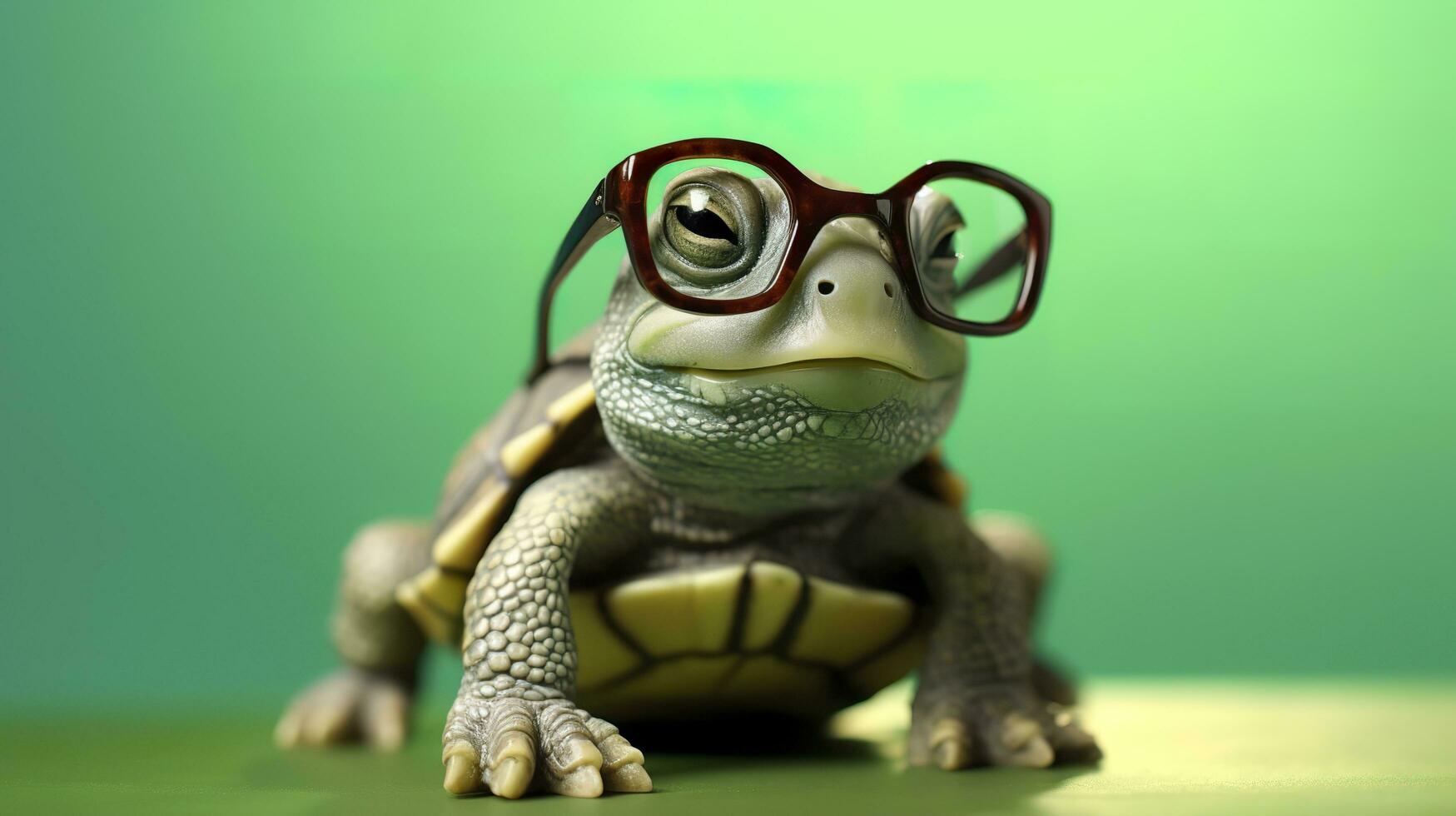 un linda pequeño verde Tortuga con anteojos, generar ai foto