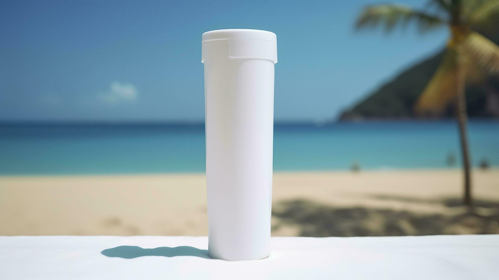 blanco vacío blanco el plastico tubo. protector solar loción en un arenoso playa, verano composición con Gafas de sol, azul mar como fondo, Copiar espacio. verano vacaciones y piel cuidado concepto, ai generativo foto