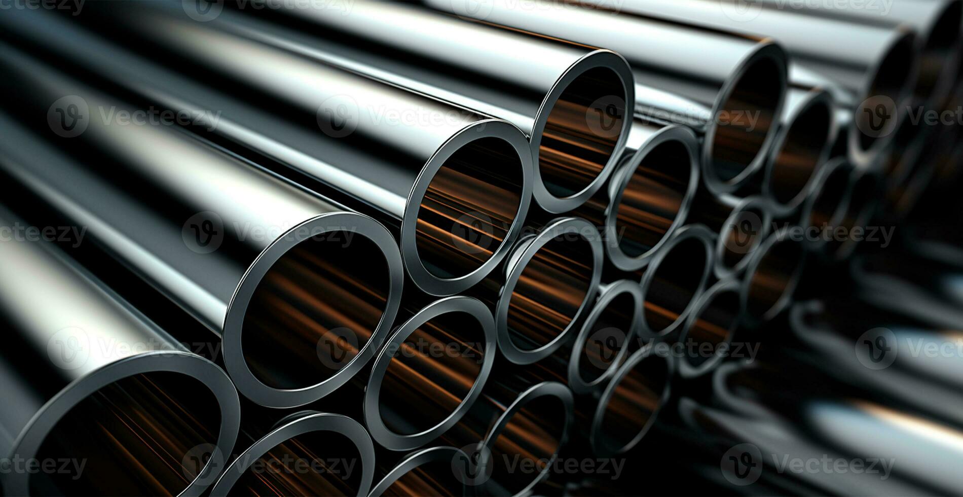 High quality galvanized steel pipe or aluminum and chrome stainless steel pipes in stack - AI generated image photo