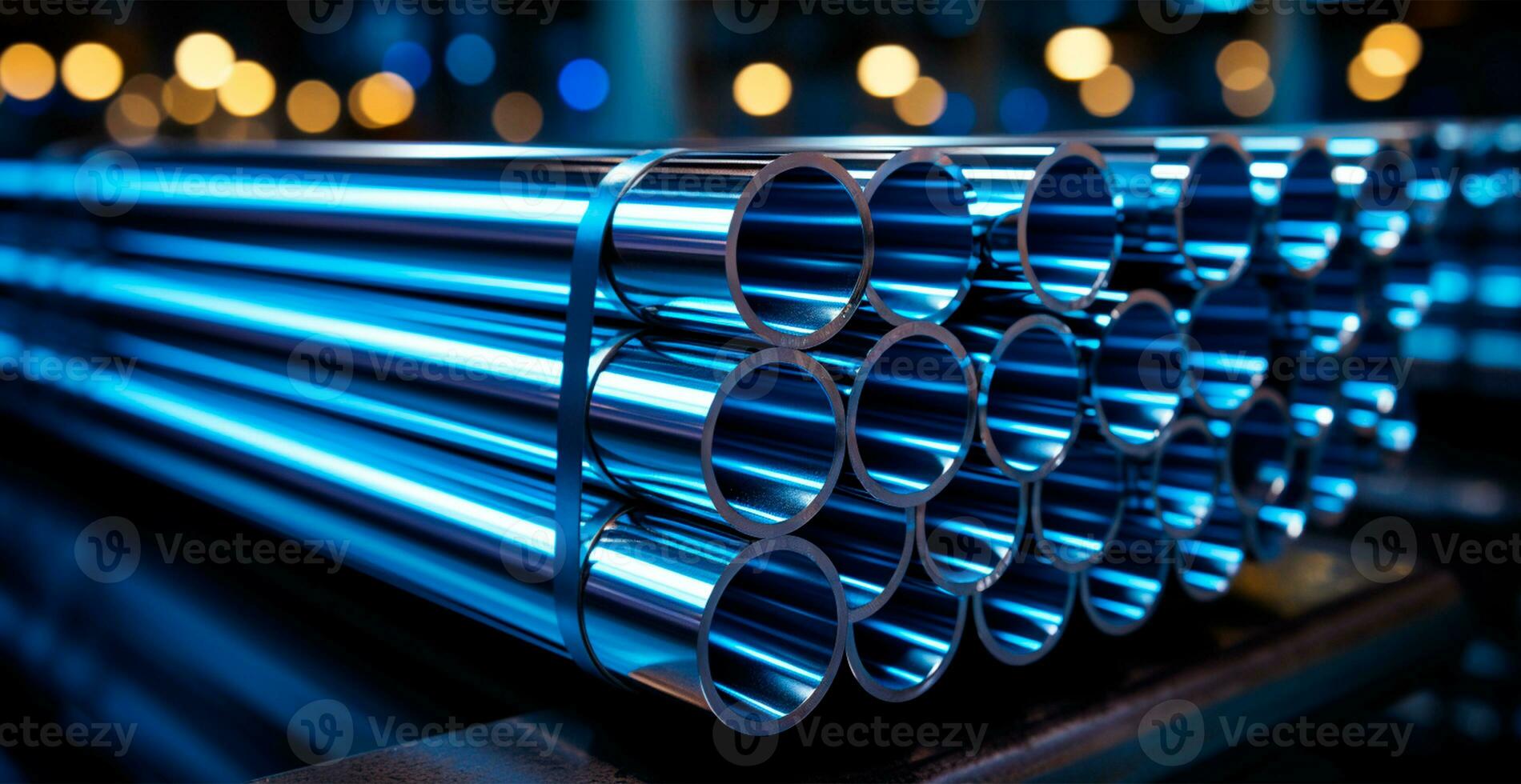 High quality galvanized steel pipe or aluminum and chrome stainless steel pipes in stack - AI generated image photo