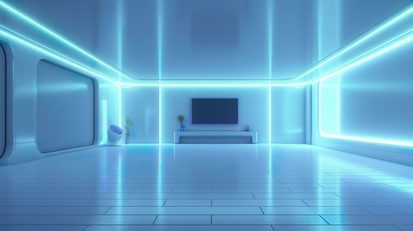 Empty Wall in a Futuristic Sci Fi Living Room with Light Yellow, Light Cyan, and Light Blue Neon. AI Generative photo