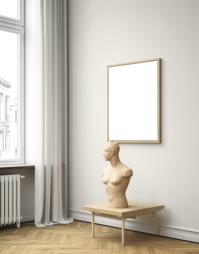 Mockup frame in contemporary Scandinavian living room interior, 3d render. AI Generative photo