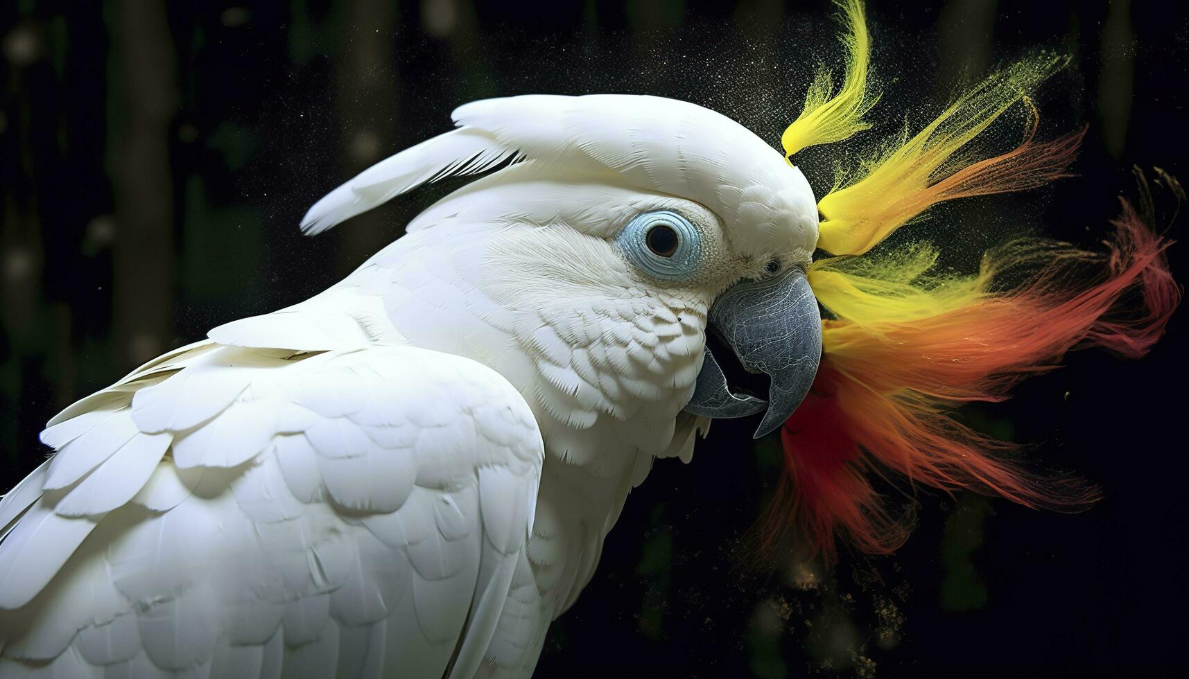 Digital photo manipulation of a white parrot. Generative AI