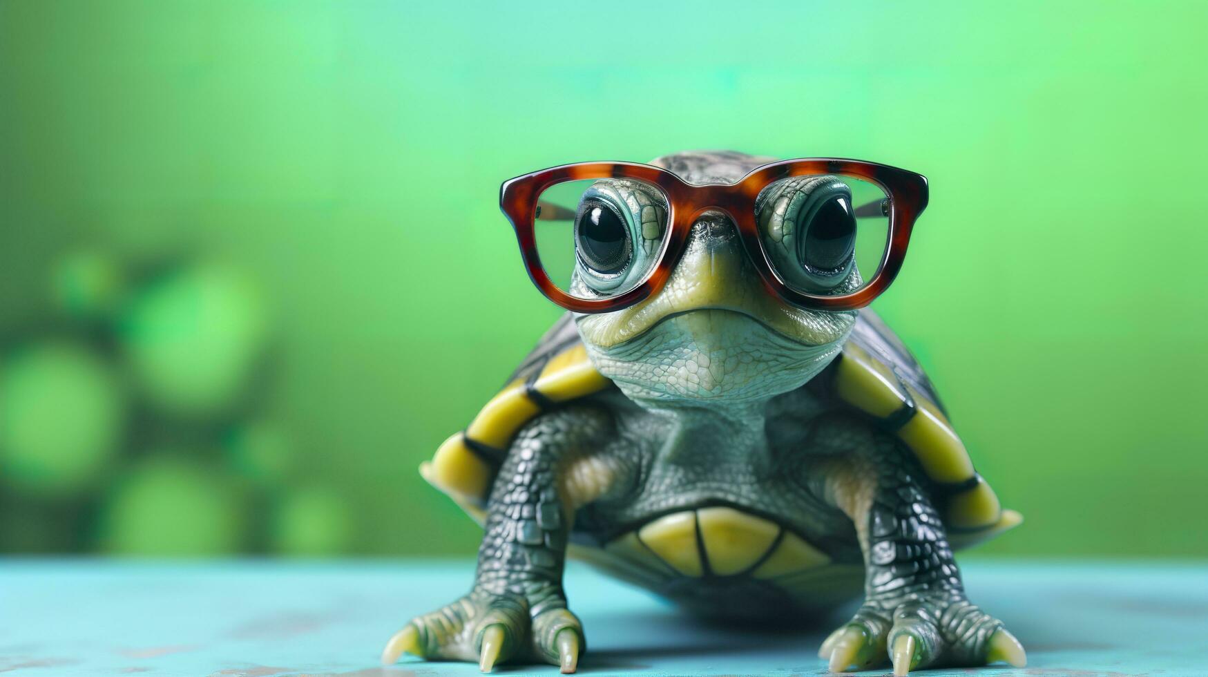 un linda pequeño verde Tortuga con anteojos, generar ai foto