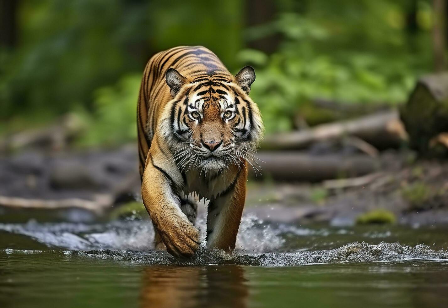 Amur tiger walking in the water. Dangerous animal.  Animal in a green forest stream. Generative AI photo