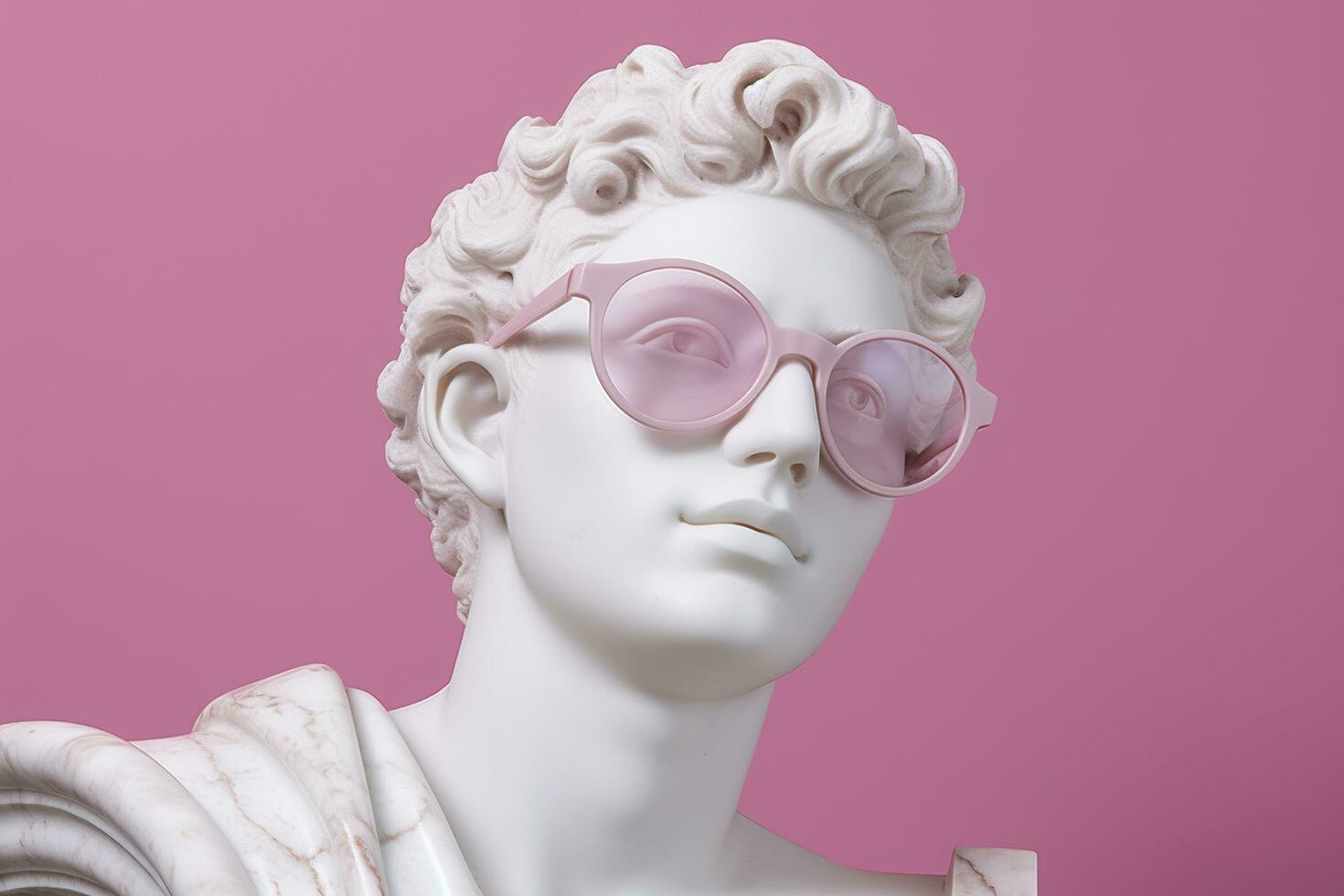 The head of a white mythological statue with fashionable pink glasses on his eyes, frame in profile. AI Generative photo