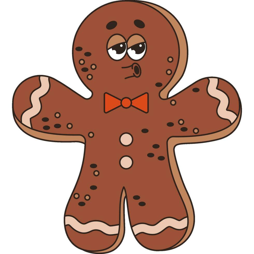 Christmas Gingerbread man. Funny retro cartoon character in trendy groovy style. 60 -70s vibes. Festive traditional baking sweet food . vector
