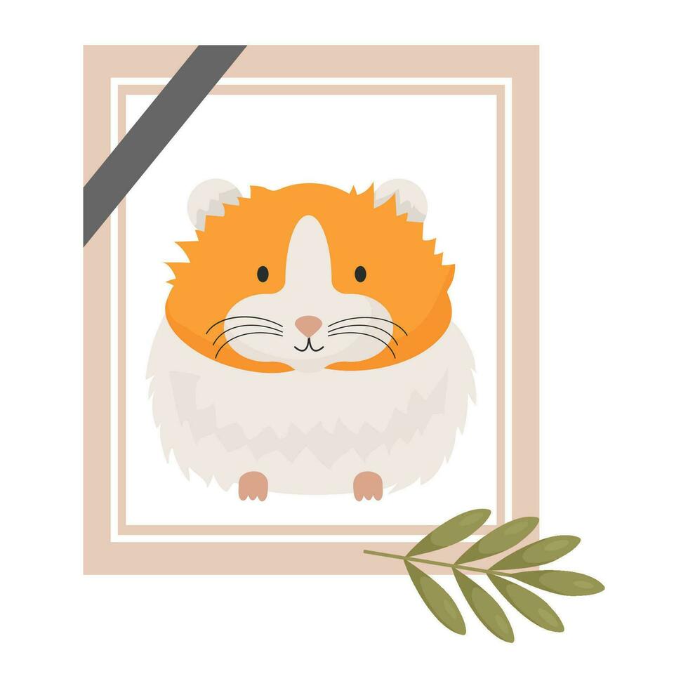 Mourning Photograph of dead hamster. frame portrait with lovely pet rodent of ghost. Vector illustration in cartoon flat style .