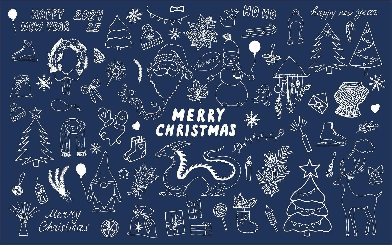 Large holiday collection of Merry Christmas and Happy New Year greetings. The symbol of 2024 is the Dragon. White outline on a blue background. Merry Christmas and Happy New Year doodle elements. vector