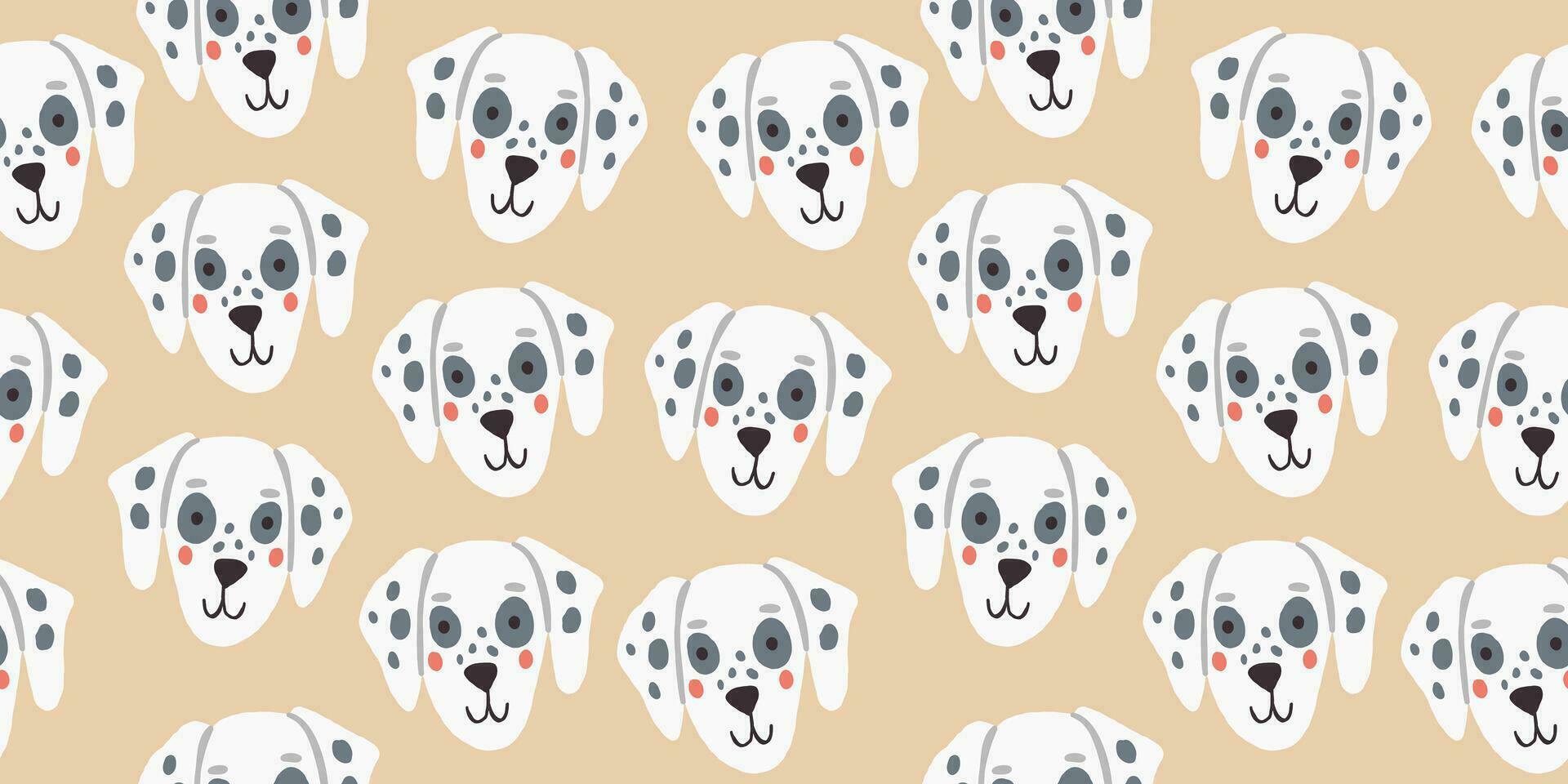 Vector seamless pattern with cute dalmatian dog faces. Dog pattern on beige background.