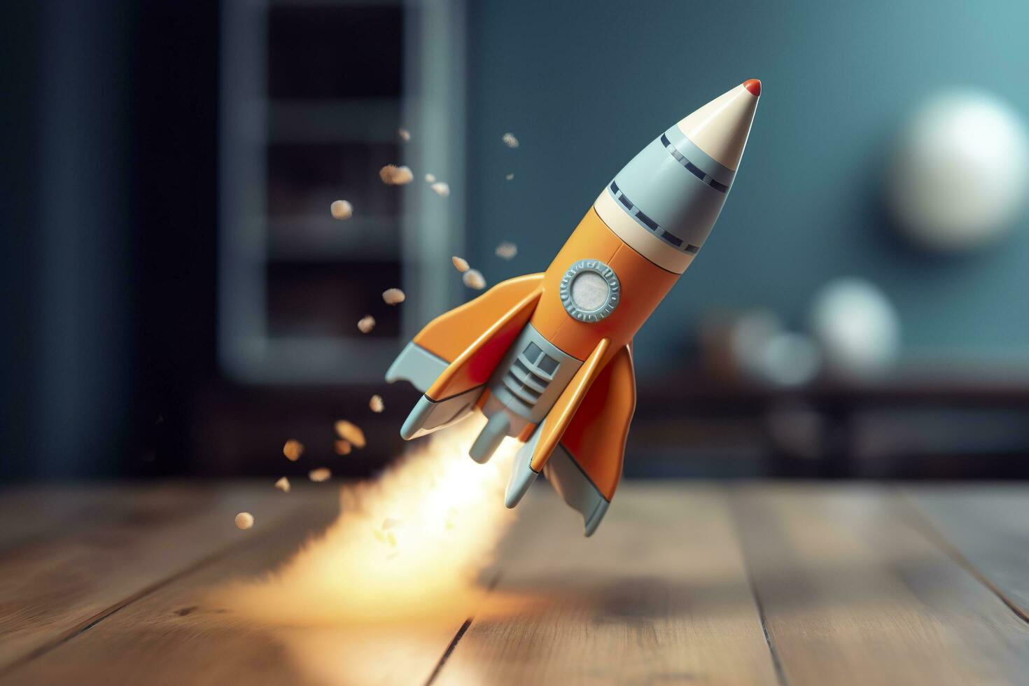 Toy rocket takes off business and finances success concept. AI Generative photo