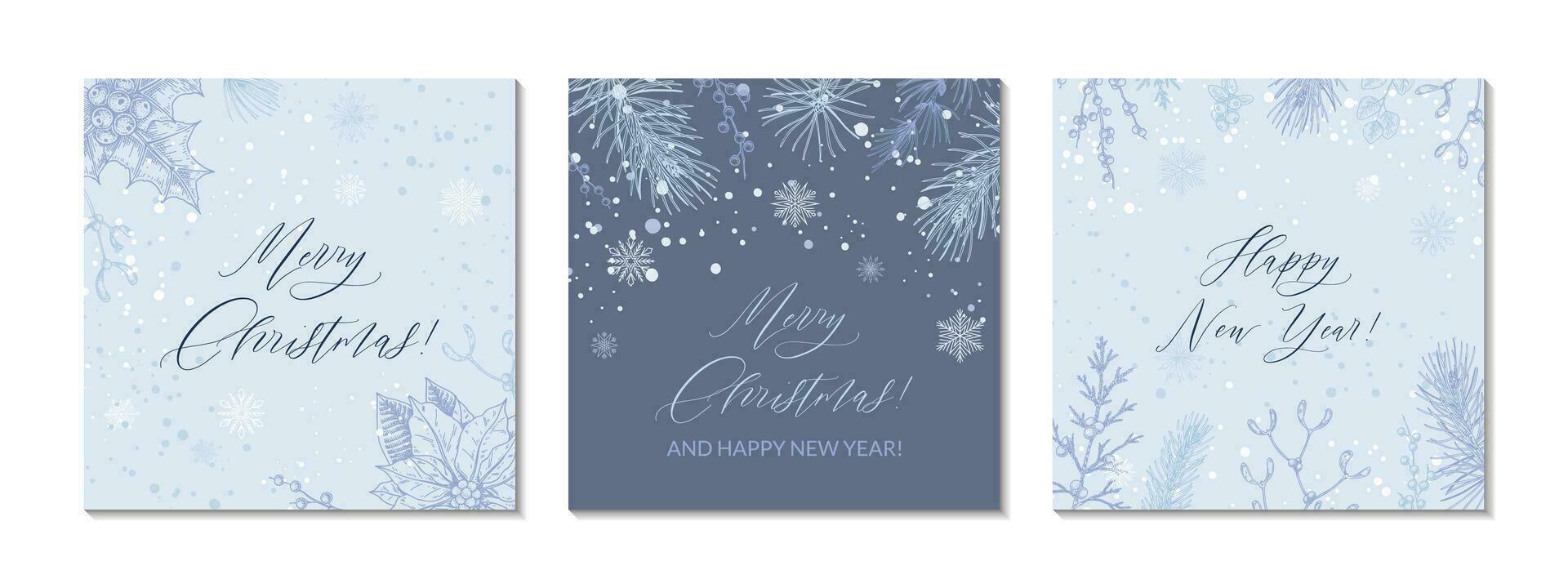 Set of Merry Christmas and Happy New year blue square greeting cards. Social media post template. Hand drawn sinter festive background with sketch botany elements. Engraving vector illustration