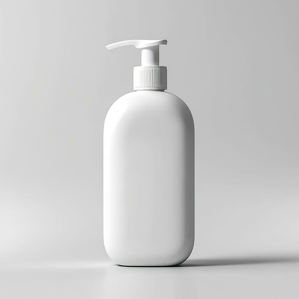 Cosmetic rounded all white soap bottle mockup on white table. AI Generative photo