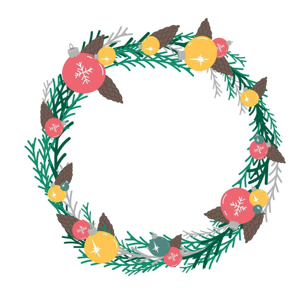 Christmas wreath with fir branches, cones and christmas toys. For Xmas and happy new year postcard. Vector illustration.