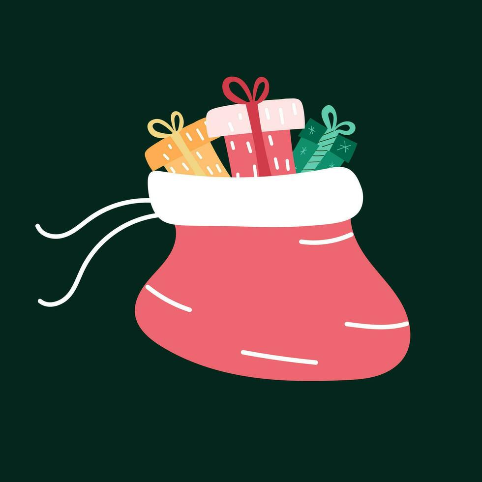 vistoso imagen de santas bolso con regalos en dibujos animados estilo. alegre Navidad y contento nuevo año. vector ilustración