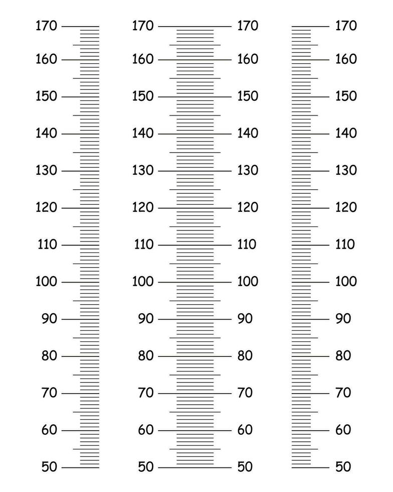 Kids height charts from 50 to 170 centimeters. Templates set for wall growth sticker isolated on a white background. Vector illustration. Meter wall or growth ruler. Simple collection.