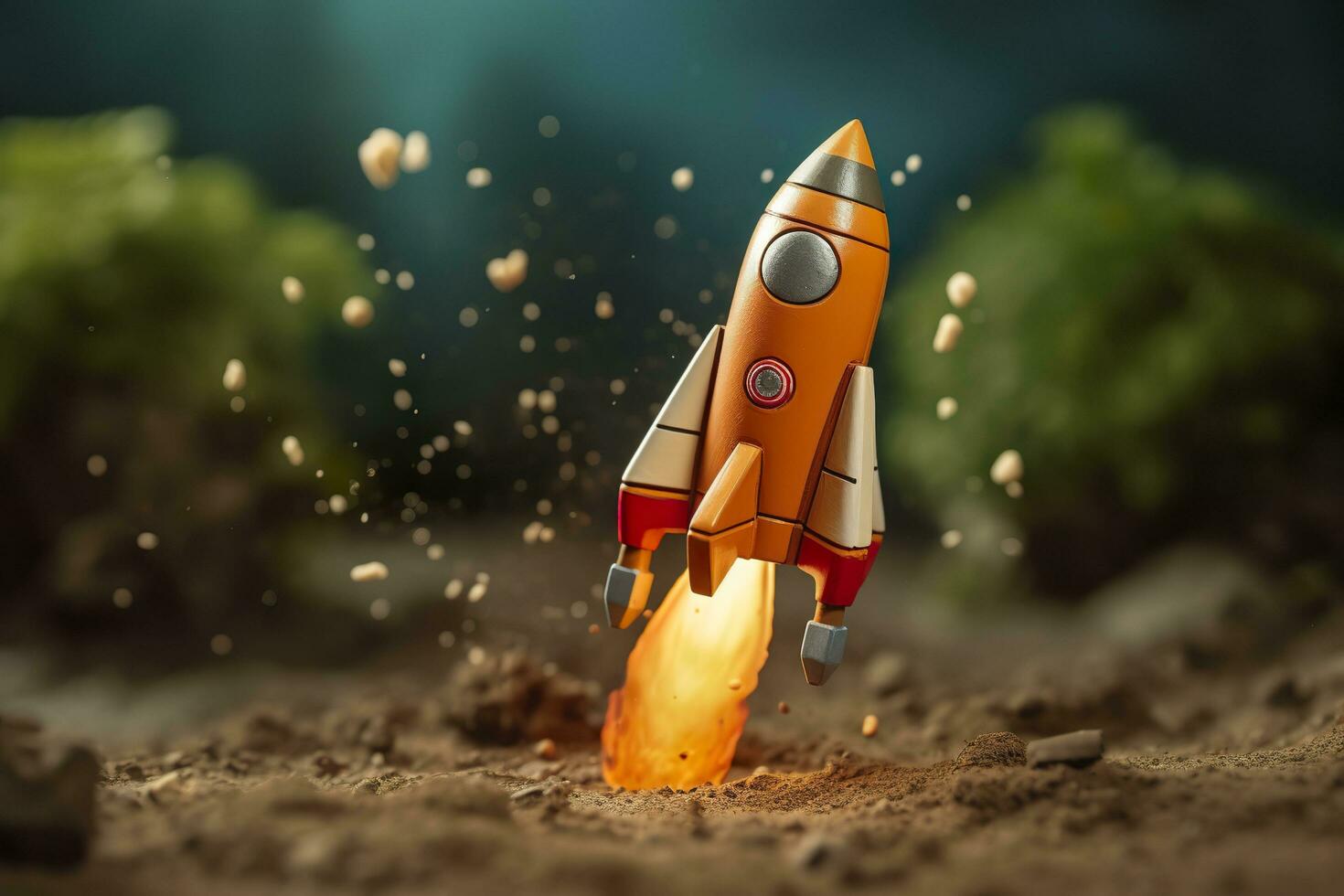 Toy rocket takes off business and finances success concept. AI Generative photo