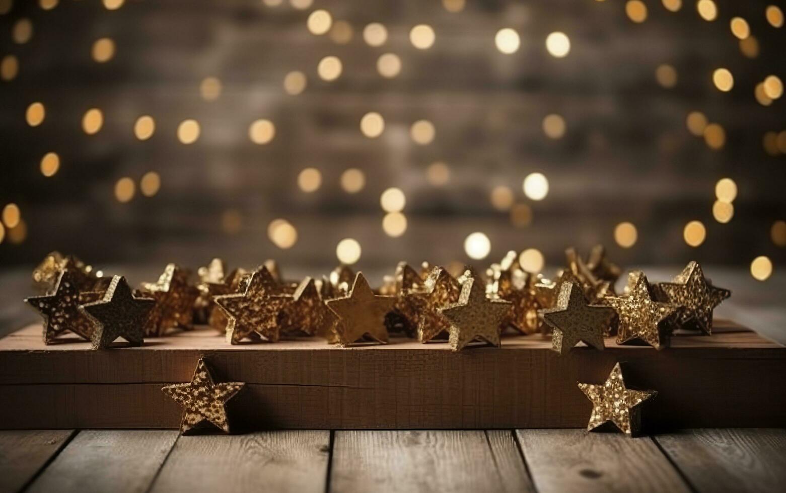 Christmas bokeh background, wooden background with bokeh, glitter stars, rustic wood, and Backdrop for product presentation. AI Generative photo