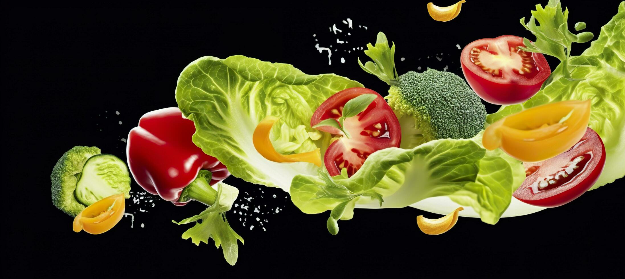Falling vegetables, salad of bell pepper, tomato, and lettuce leaves. Generative AI photo