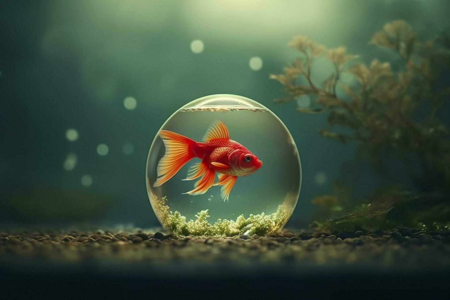 Beautifully colored goldfish swim in the clear aquarium water. 3d animation swimming goldfish.  AI Generative photo