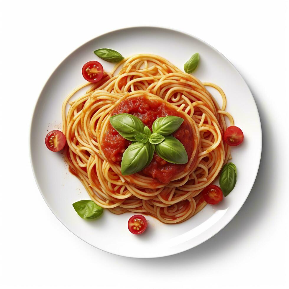 delicioso plato de espaguetis con tomate salsa en un blanco antecedentes generativo ai foto