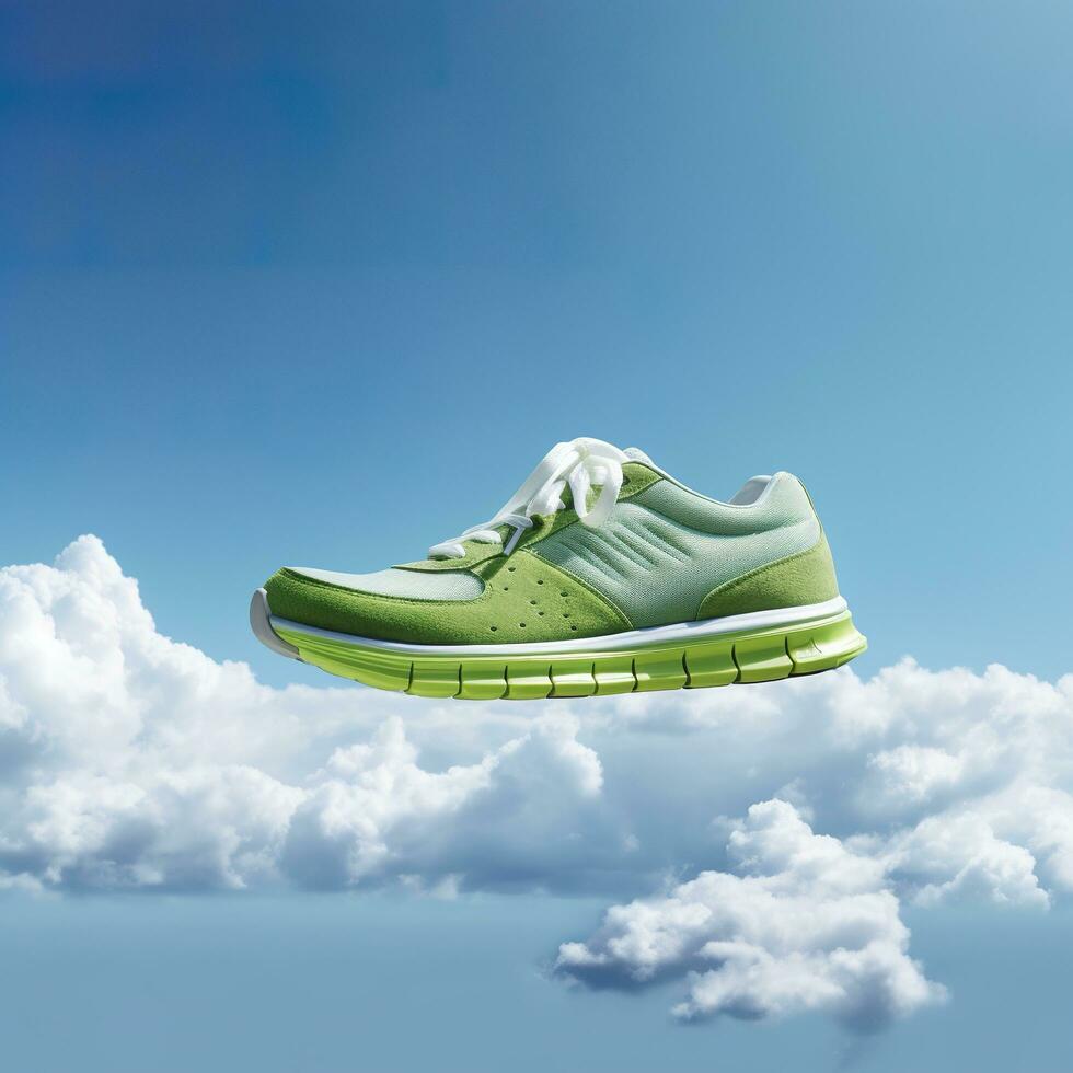 Close up  green sports shoes on a blue sea level with blue sky and white clouds bright light background. Creative advertisement. AI Generative photo