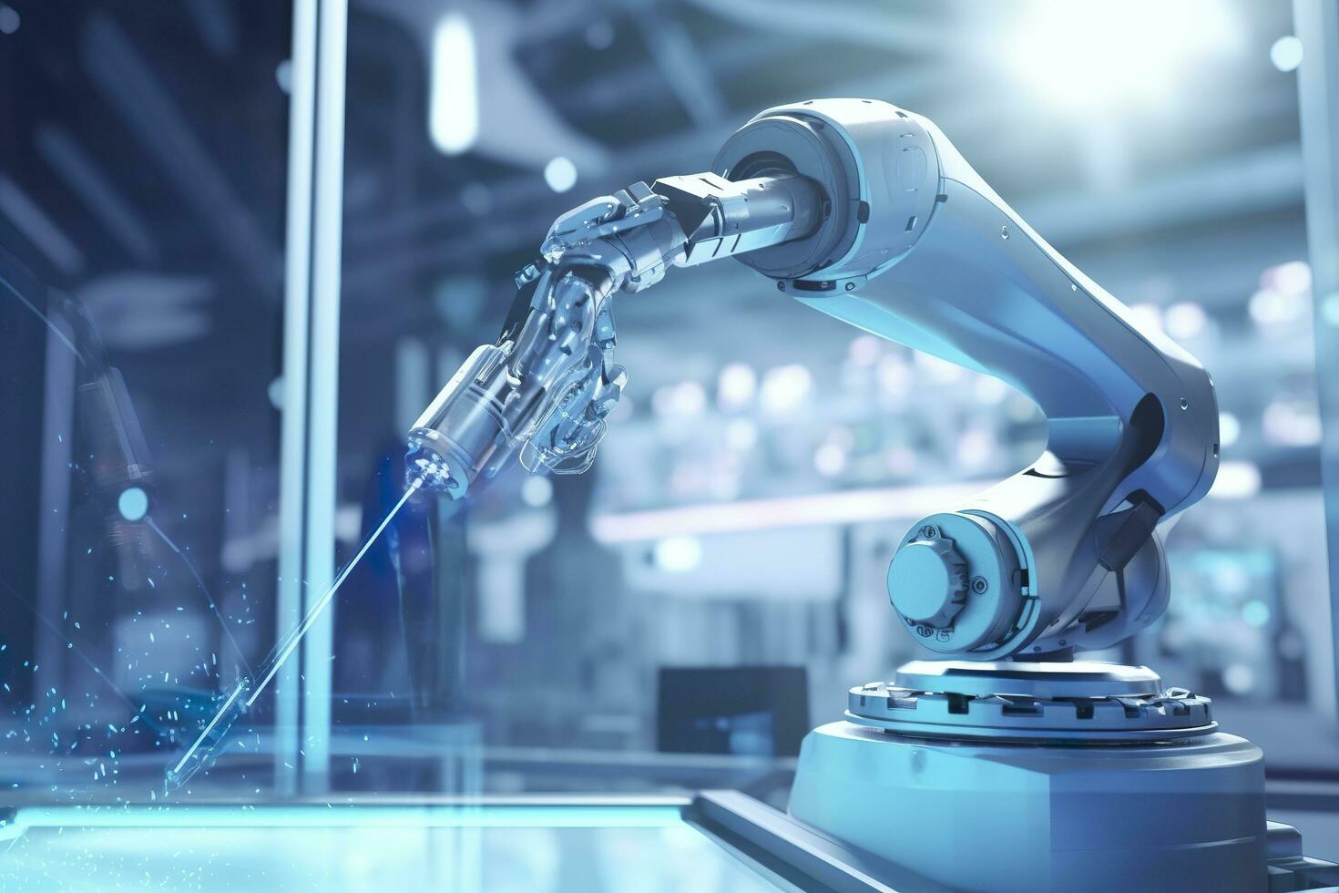 Arm robot working with Screen monitor control industrial machine robot arm line. Generative AI photo