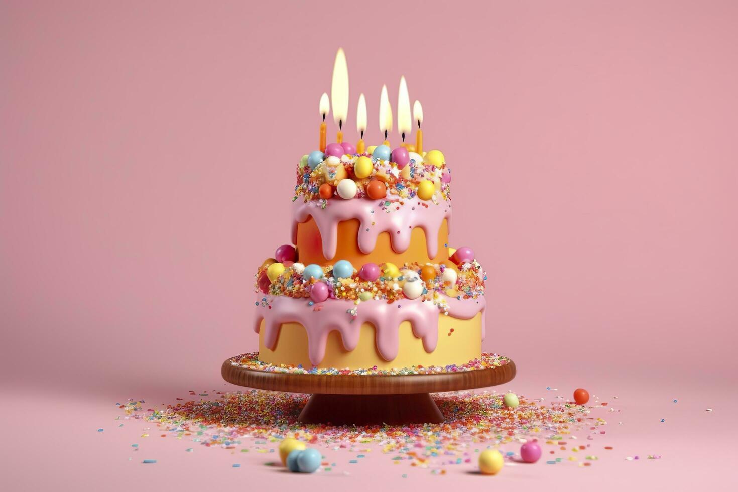 Colorful birthday cake on pastel background. Sweet and delicious Happy Birthday cake, copy space. Celebration concept. AI Generative photo