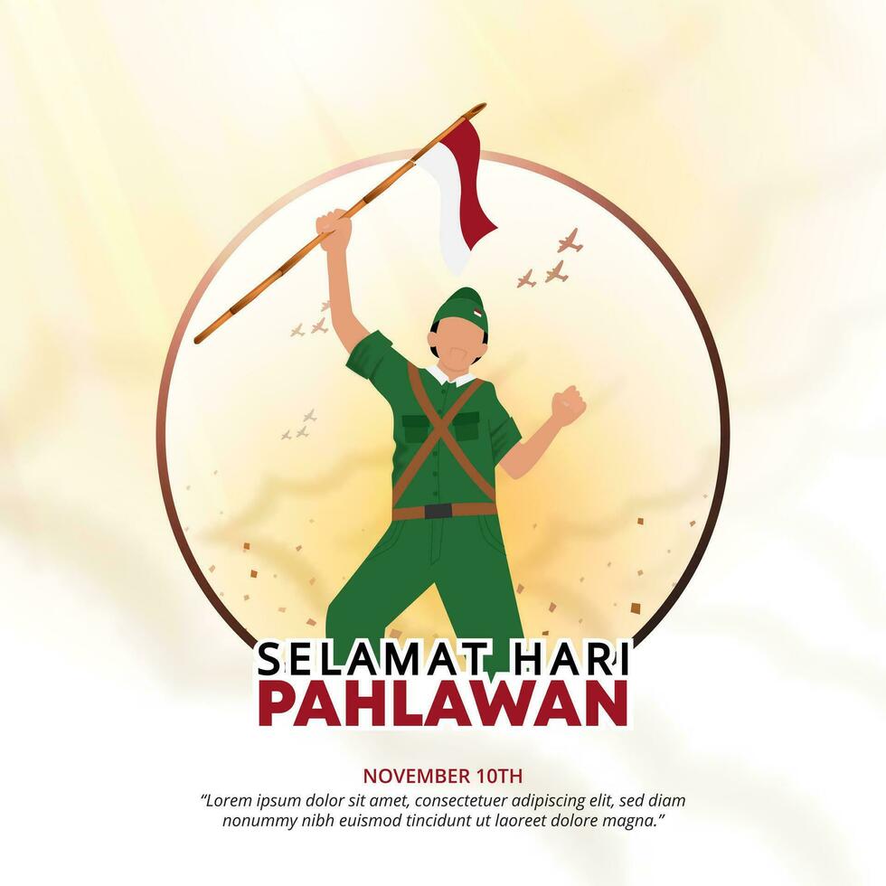 Square Selamat Hari Pahlawan Nasional or Happy Indonesia Heroes Day background with a hero holding a flag vector