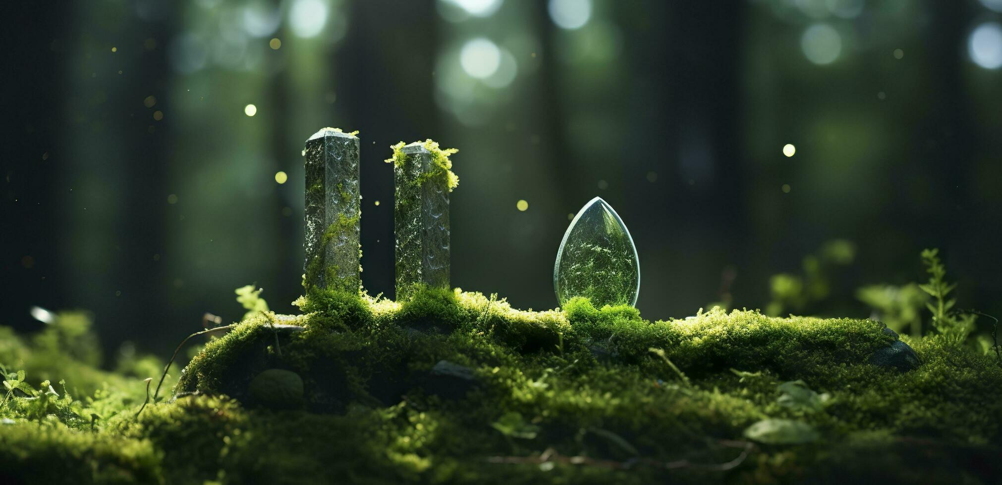 Crystals with moon phases image of moss in a mysterious forest, natural background. Generative AI photo