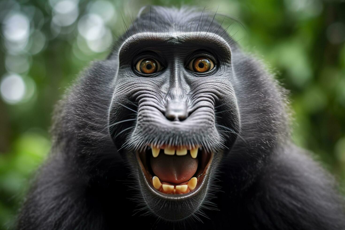 Celebes crested macaque with open mouth. Close up on the green natural background. Generative AI photo