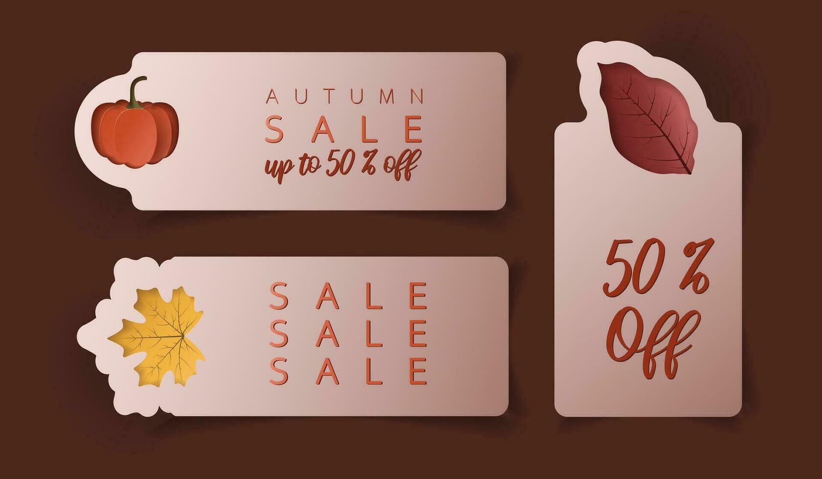 Paper cut autumn sale banner sticker set. Special offer sale label in flat style. Discount or price tag. Web sticker template. Design of ad offer or fall sale. vector