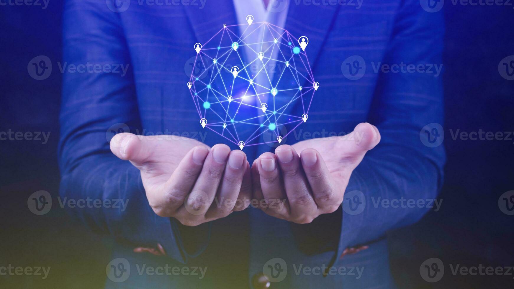 Businessman hand touching global infrastructure network on virtual screen working with client base online and customer connection data exchange. photo